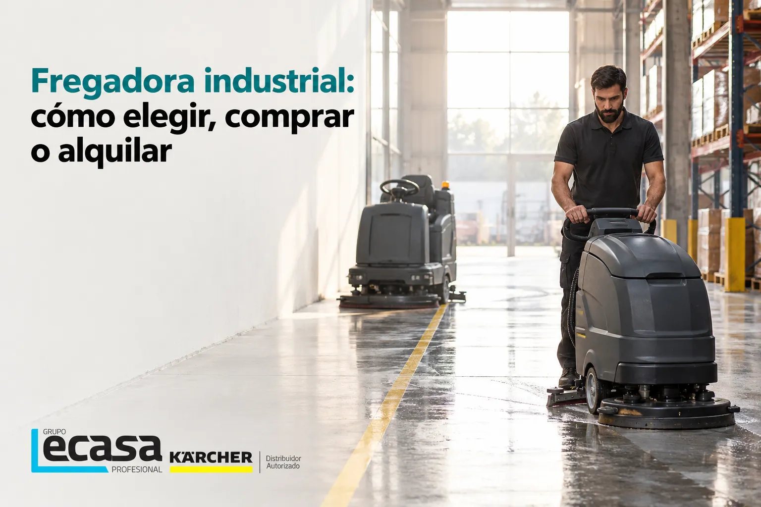 Fregadora industrial en funcionamiento en un almacén, empujando una máquina sobre un piso mojado.