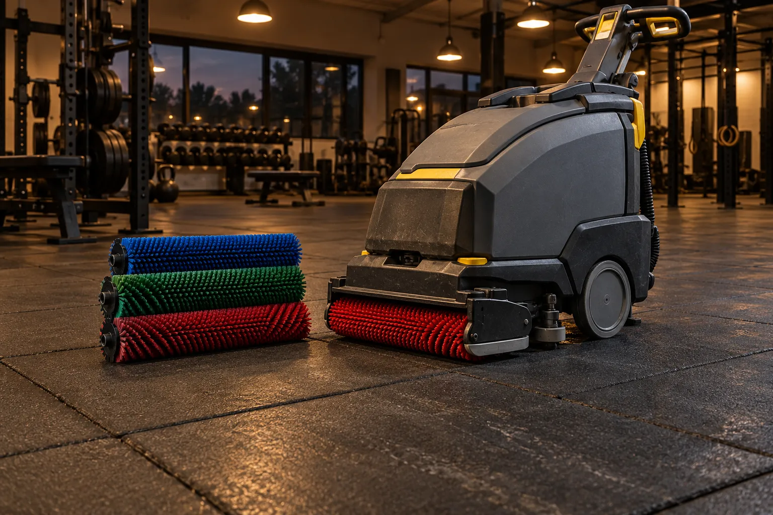 Una fregadora de suelos con un cepillo rojo y tres cepillos de recambio sobre el pavimento de un gimnasio.