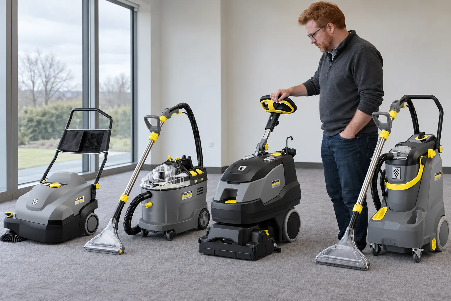 Funcionario revisa y maneja equipamiento de limpieza profesional, junto a varias máquinas Kärcher y accesorios en sala