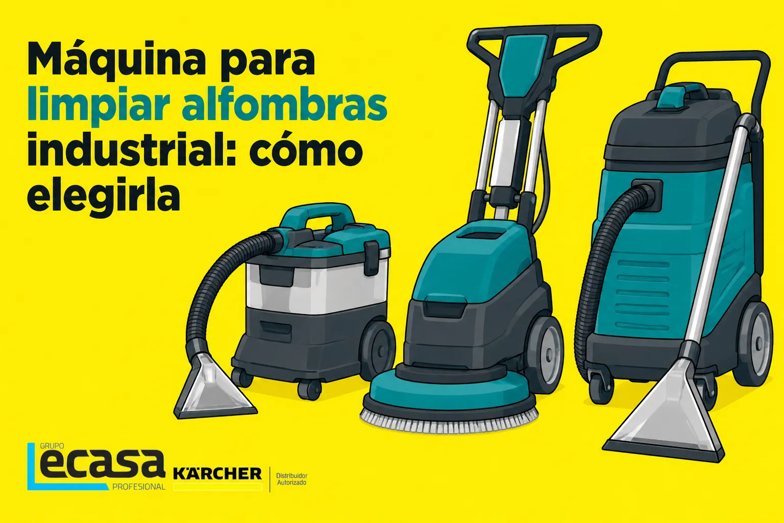 Tres máquinas industriales para limpiar alfombras, dos con manguera y boquilla y una con cepillo circular.