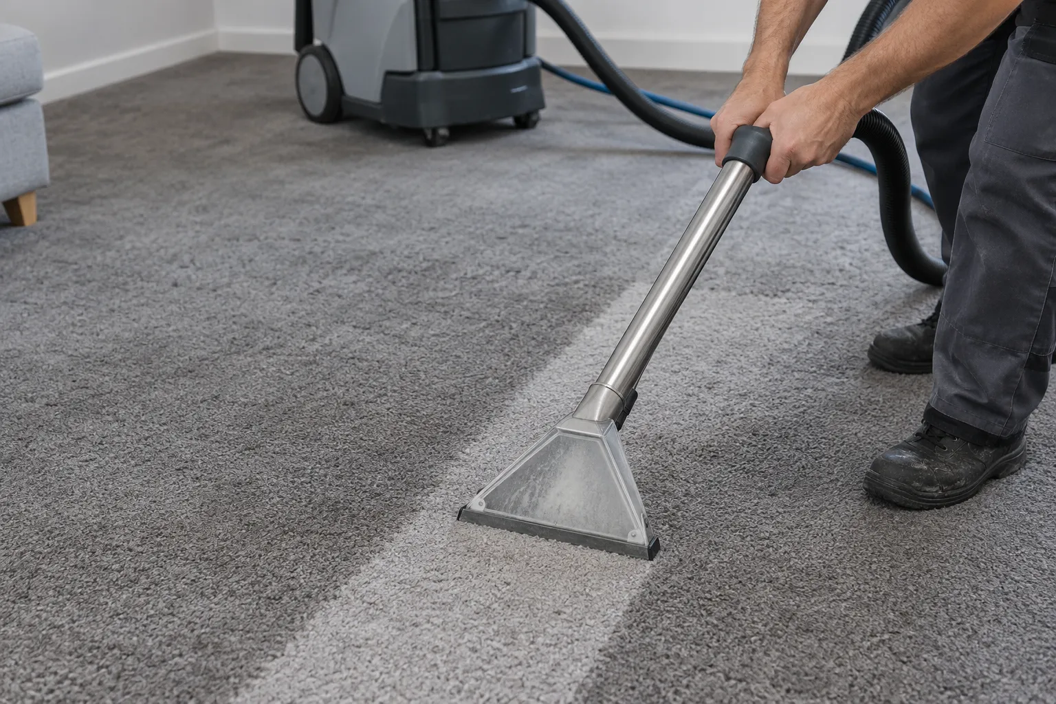 Una persona limpia una alfombra gris con una máquina de inyección y extracción.