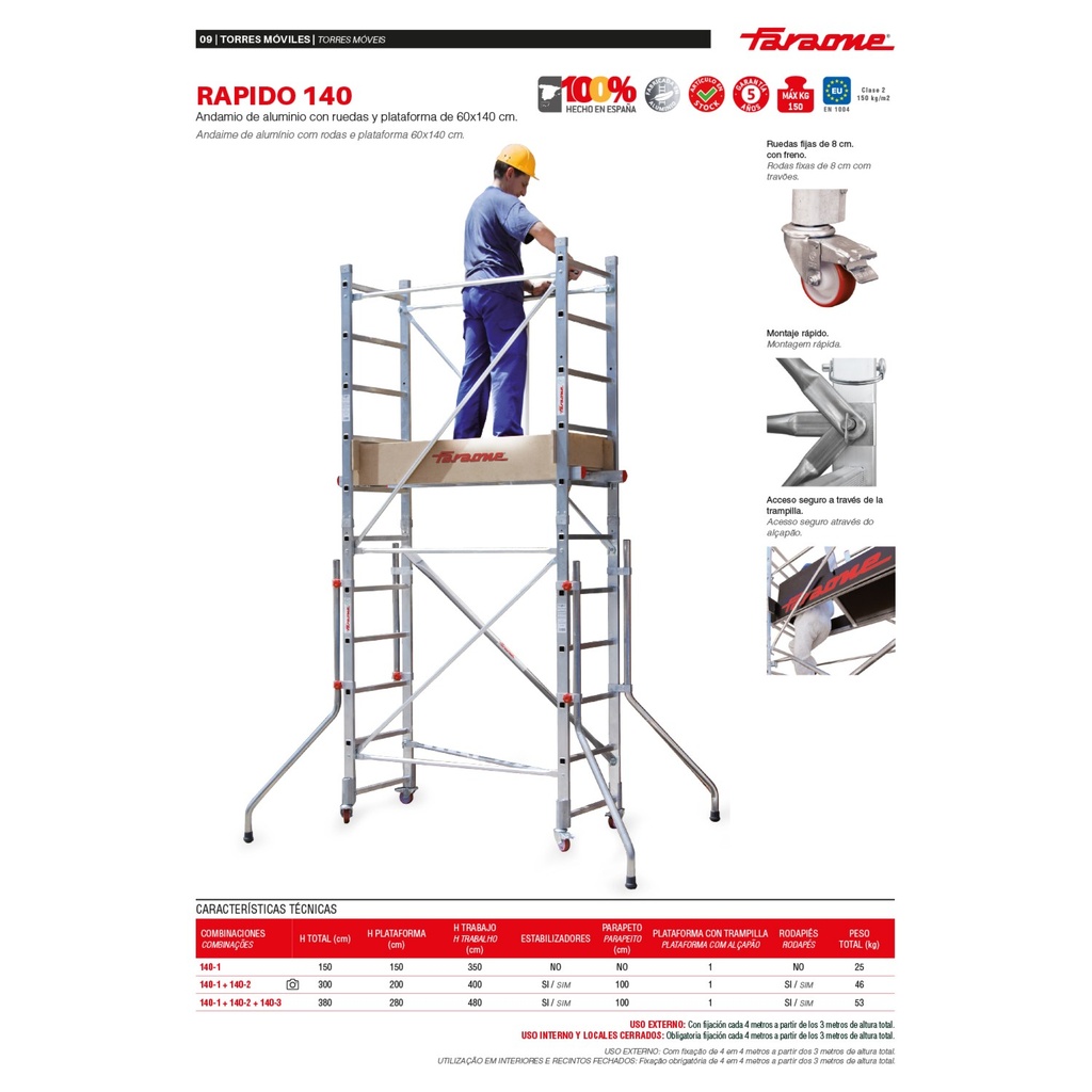 RAPIDO140 | Andamio de aluminio con ruedas y plataforma de 140×60 cm.