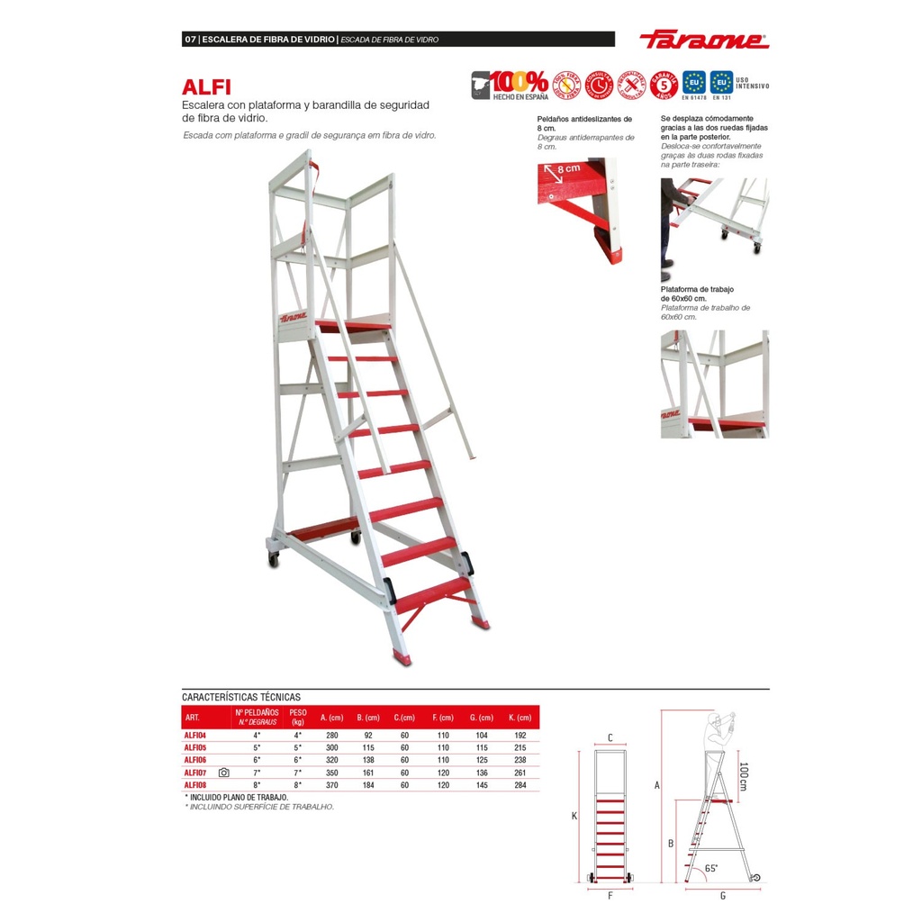 ALFI | Escalera con plataforma y barandilla de seguridad de fibra de vidrio