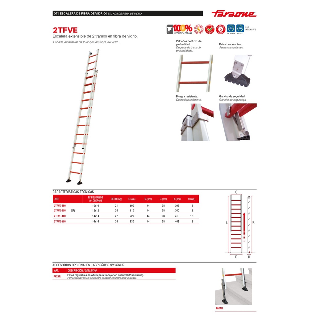 2TFVE | Escalera extensible de 2 tramos de fibra de vidrio