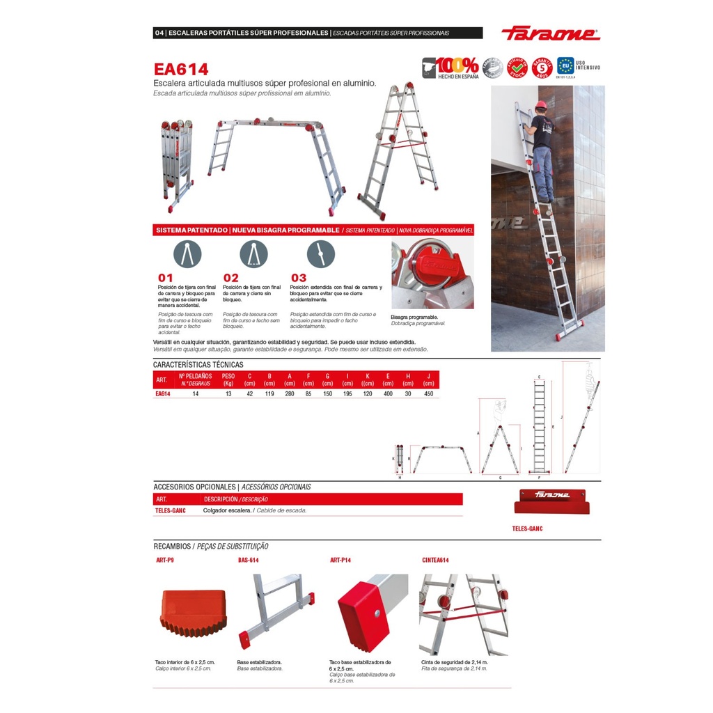 EA614 | Escalera articulada multiusos super Profesional en aluminio de 14 peldaños .