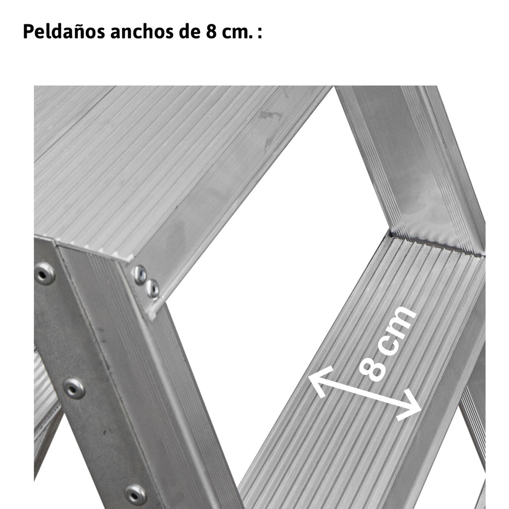 El modelo NDS está fabricado en aluminio, posee un sistema de bisagras rígido y resistente entre los dos tramos de subida, un sistema anti cierre seguro, peldaños de 130 mm y amplios tacos de goma con un buen agarre a la superficie. Disponible desde 5 a 13 peldaños. Este modelo cumple con la normativa EN-131. Dispone de certificado de conformidad y manual de instrucciones. La carga máxima que aguanta es de 150 kg.