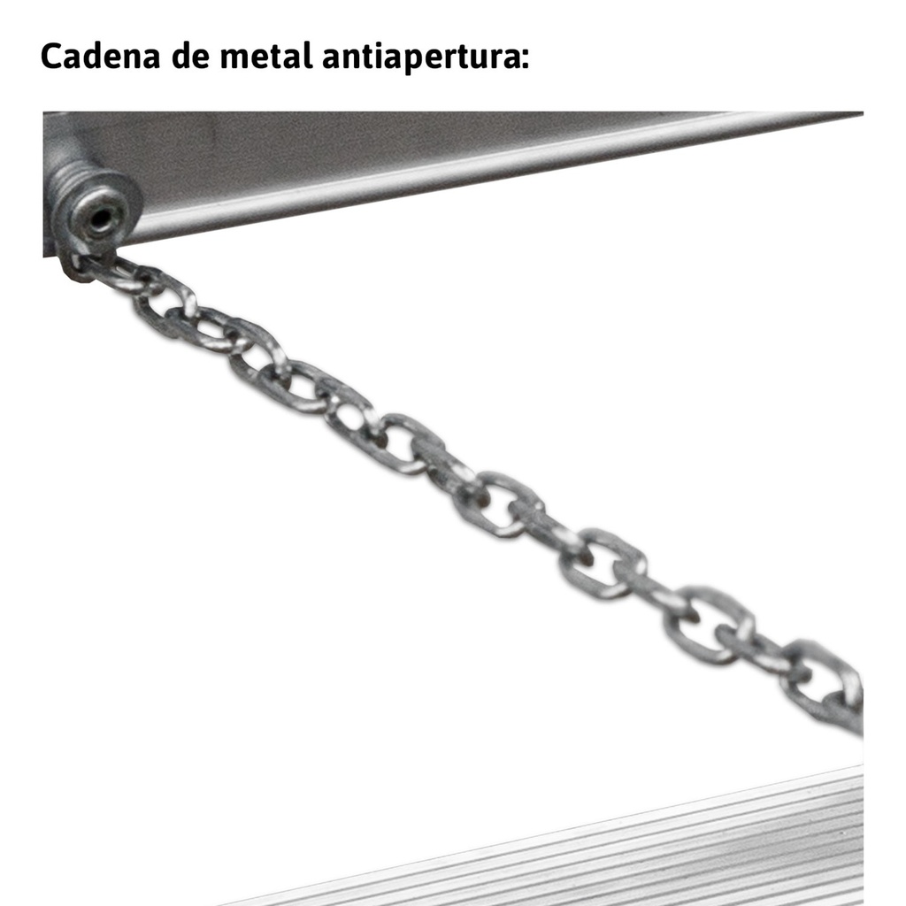 El modelo NDS está fabricado en aluminio, posee un sistema de bisagras rígido y resistente entre los dos tramos de subida, un sistema anti cierre seguro, peldaños de 130 mm y amplios tacos de goma con un buen agarre a la superficie. Disponible desde 5 a 13 peldaños. Este modelo cumple con la normativa EN-131. Dispone de certificado de conformidad y manual de instrucciones. La carga máxima que aguanta es de 150 kg.