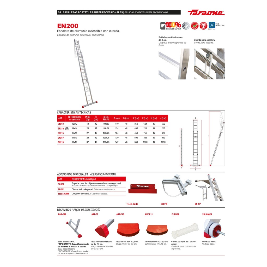 EN 200 ESCALERA EXTENSIBLE CON CUERDA DE 2 ELEMENTOS PARA USO EN APOYO