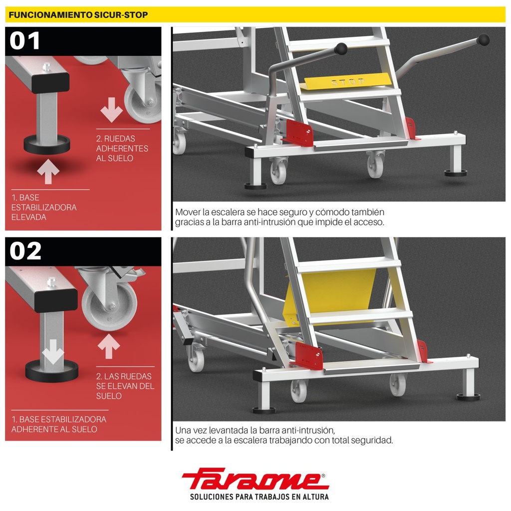 SY-T ESCALERA DE TRAMEX CON PLATAFORMA Y BASE CON RUEDAS. INCLINACION 45°