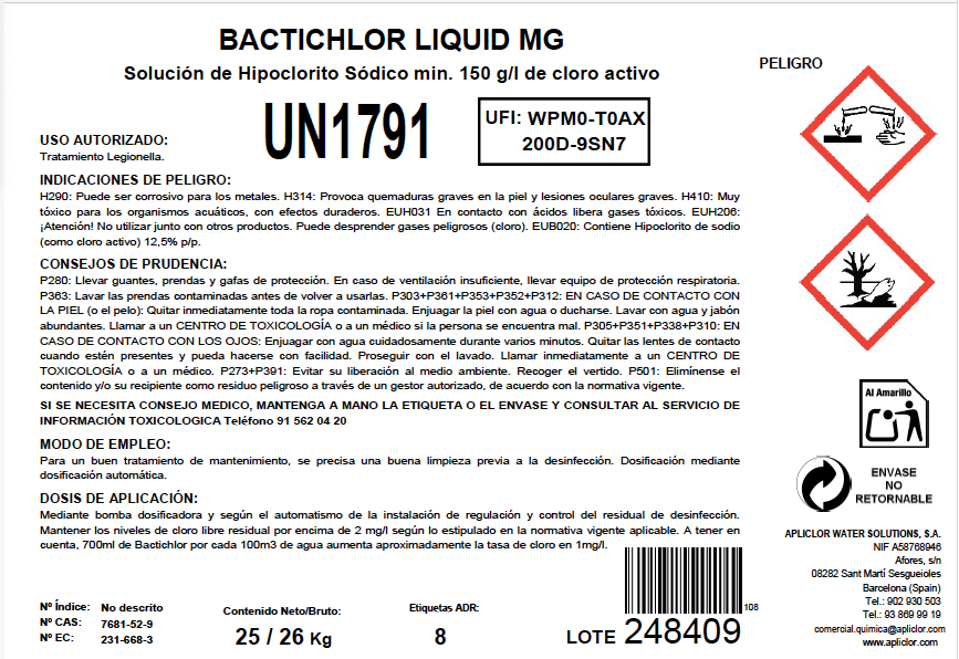 HIPOCLORITO SODICO  BACTICHLOR 25 Kgs legionela en sistemas de refrigeración y en procesos industriales (TP11)