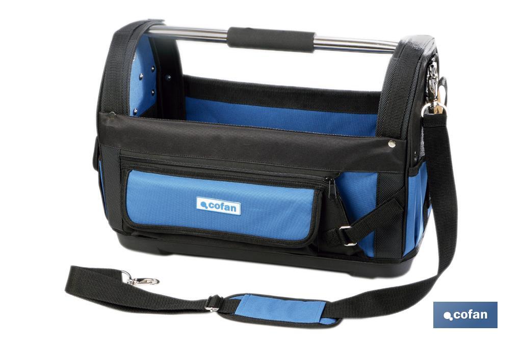 Bolsa de herramientas abierta con bolsillos interiores y exteriores