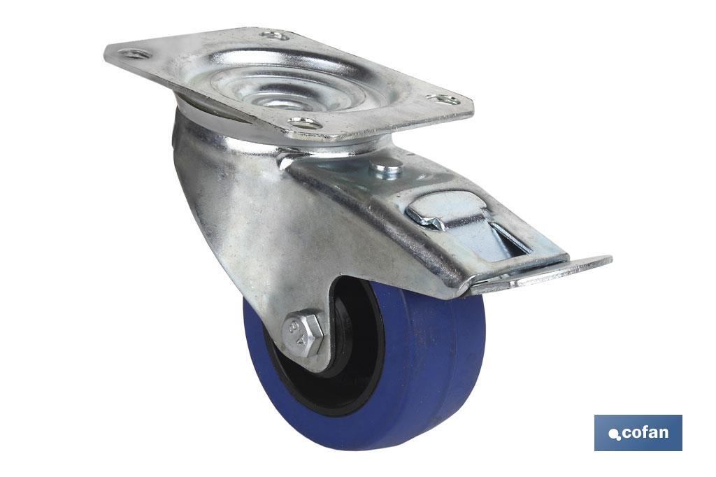 Rueda de goma azul giratoria con freno