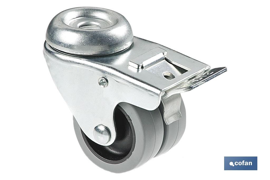 Rueda doble de polipropileno con agujero pasante de 12 mm y freno