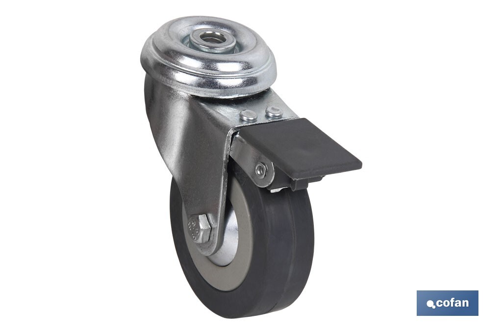 Rueda de goma gris para tornillo pasante y con freno