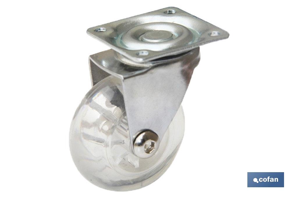 Rueda transparente de poliuretano con placa cromada giratoria
