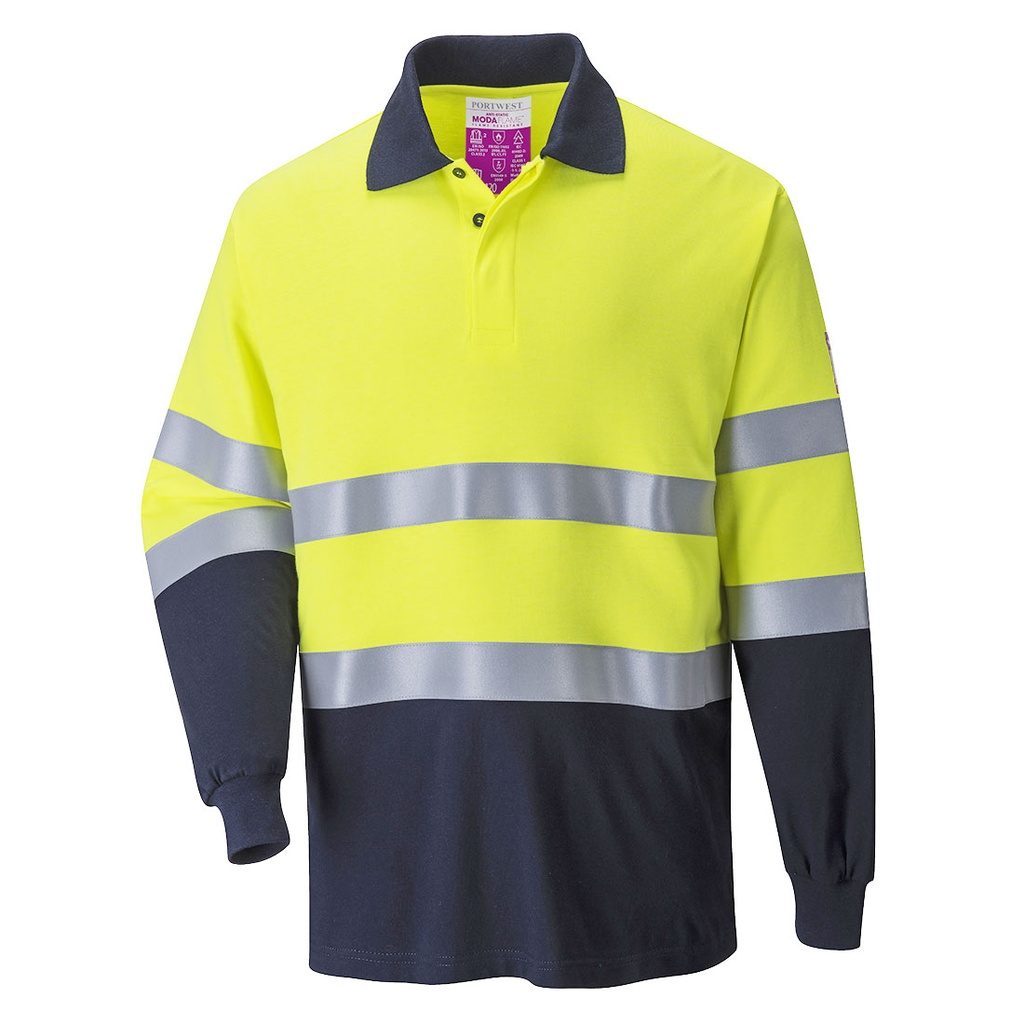 FR74 - Polo bicolor de manga larga, Modaflame resistente a la llama y antiestático