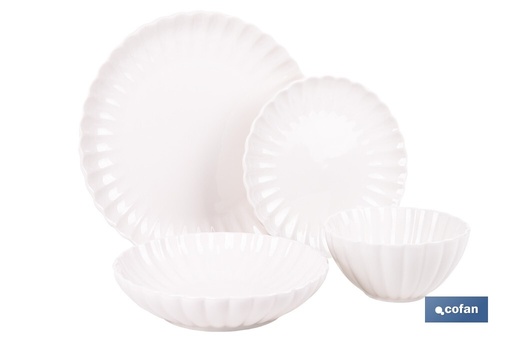 [40011226] Vajilla de porcelana esmaltada de color blanco con diseño en relieve
