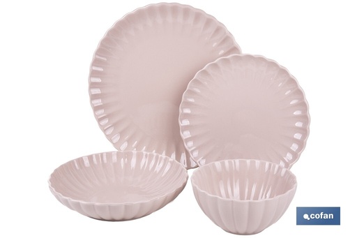 [40011227] Vajilla de porcelana esmaltada en color rosa nude con diseño en relieve