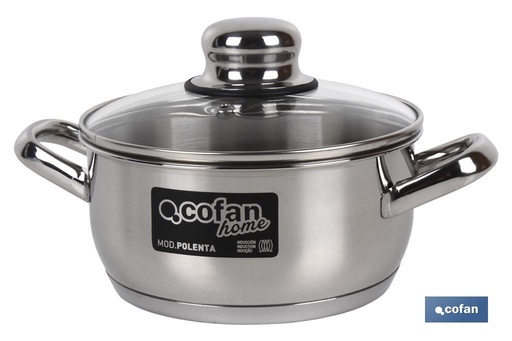 Cacerola de Acero Inoxidable Modelo polenta con tapa de vidrio y pomo inoxidable