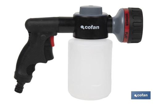 [90014058] Pistola de riego con 6 posiciones ajustables y depósito para dispensador de jabón de 500 ml