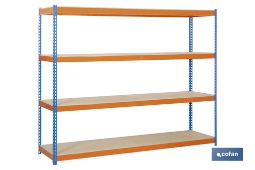 [09401215] ESTANTERÍA MEDIA CARGA AZUL/NARANJA 4 BALDAS DE MADERA 2000 X 1500 X 600 MM