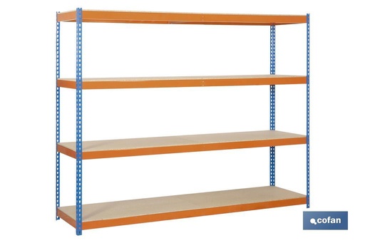 [09401217] ESTANTERÍA MEDIA CARGA AZUL/NARANJA 4 BALDAS DE MADERA 2000 X 2100 X 600 MM