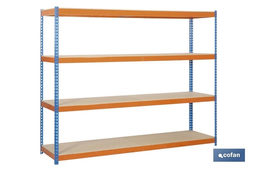 [09401218] ESTANTERÍA MEDIA CARGA AZUL/NARANJA 4 BALDAS DE MADERA 2000 X 2400 X 600 MM